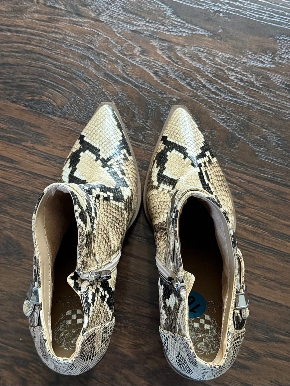 Vince Camuto Snake-Print Pointed Ankle Boots in Beige and Black